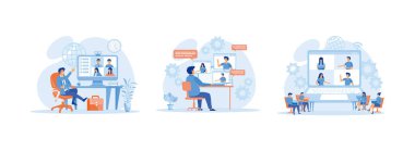 Toplu sanal toplantı ve grup video konferansı için bilgisayar kullanan işçiler, Meslektaşlar ve Arkadaşlarla Video Görüşmesi için Laptop, Çevrimiçi iş konferansları. Konferans toplantısı düz vektör modern illüstrasyonunu ayarladı