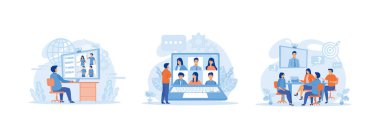 Video konferans ve çevrimiçi iletişim, telekonferansla internetten iletişim kuran, öğrenen ya da buluşan insanlar, toplantı odasındaki video konferansında iş ekibi. Konferans toplantısı düz vektör modern illüstrasyonunu ayarladı