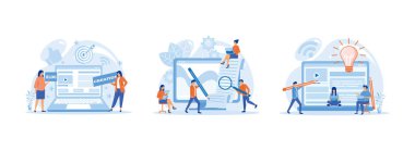 Web Sayfası Yaratan Kadın, blog yazma ve kopyalama konsepti, dizüstü bilgisayarlı serbest yazar, internet içeriği yaratıyor. Günlük Tanıtımı düz vektör modern illüstrasyonunu ayarladı