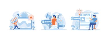 Başlık oluşturma, isim verme ipuçları, sosyal medya paylaşımı aktif baskı, dijital reklam, sosyal medya pazarlaması. Günlük Tanıtımı düz vektör modern illüstrasyonunu ayarladı