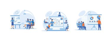 İş semineri, sunum veya konferans, iş semineri sunumu ve pazarlama, satış ve e-ticaret üzerine profesyonel eğitim. İş semineri düz vektör modern illüstrasyonunu ayarladı