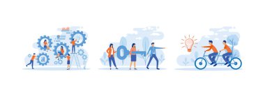 Şirket yapısının organizasyonu ve yönetimi, takım çalışması konsepti, Kooperatif Liderlik Metaforu. Takım Çalışması 2 düz vektör modern illüstrasyonunu ayarla