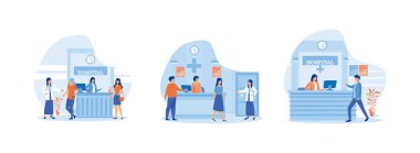 Hastane resepsiyonunda hastalara, hastane resepsiyonundaki hastalara, kayıt yaptıran ve ödeme yapan hastalara, hastane resepsiyonuna yürüyerek yardım etmek için iyi bir iş. Hastane resepsiyonisti düz vektör modern illüstrasyonunu ayarladı