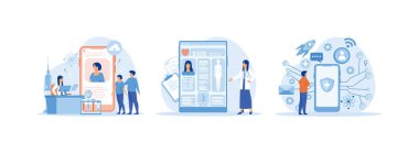 Elektronik sağlık hizmeti, kağıt klinik verilerin yerini alacak yeni teknoloji, modern bezel ücretsiz akıllı telefon. Elektronik Sağlık Servisi düz vektör modern illüstrasyonunu ayarladı