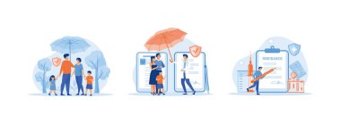 Aile sigorta şemsiyesi altında yan yana duruyor ebeveynler ve çocuklar için kalkan koruması kazadan korunuyor. Sağlık Sigortası düz vektör modern illüstrasyonunu ayarladı