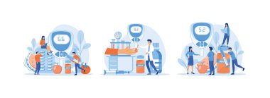 Diyabet ilacı ve kan şekeri seviyesi testi için glukometre, yaşam tarzı insülin enjeksiyonlarıyla hastalığın tedavisi, Doktor Şekeri Mavi Şerit Metre İzleme Cihazıyla Ölçüyor. Diyabet seviyesi düz vektör modern illüstrasyonunu ayarladı