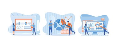 Kız ve meslektaşı elde edilen bilgiyi analiz ediyor. Analitik bölüm. Proje yönetimi. Pazarlama araştırması düz vektör modern illüstrasyonunu ayarladı