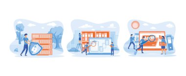 Kalkan ve sunucu tutan adam mı yoksa hard diskler mi? Veri tabanında dosyalar aranıyor. Elektronik veritabanında dosyalar aranıyor. Veritabanı düz vektör modern illüstrasyon