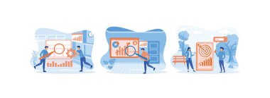 İnsanlar pazarlama ve seo stratejisini tartışıyor, pazar eğilimlerini analiz ediyor ve seo optimizasyonunu planlıyor, Seo hedefleme ve performans konseptini planlıyor. İş pazarlaması düz vektör modern illüstrasyonunu ayarladı