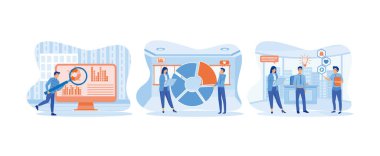 Rekabetçi araştırması. Hedefleme stratejisi. Tüketici davranışı. Pazarlama araştırması düz vektör modern illüstrasyonunu ayarladı