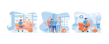 Dizüstü bilgisayarı ve dolar banknotlarıyla koltukta oturan adam, Bağımsızlar evden, serbest çalışmadan internet üzerinden para kazanıyor. Para kazanmak düz vektör modern illüstrasyonunu ayarlar