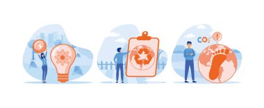 Yuvarlak ekonomi. Yeşil enerji ve endüstri. İklim çarpması. Dairesel ekonomi düz vektör modern illüstrasyonunu ayarladı