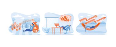 Pasif gelir uyurken para kazanır, girişimci yatırımcılar parasal kazanç veya yatırım geliri hakkında düşünür, karşılıklı fonlara veya diğer varlıklara yatırım yapar. Pasif gelir 2 düz vektör modern illüstrasyonunu ayarla