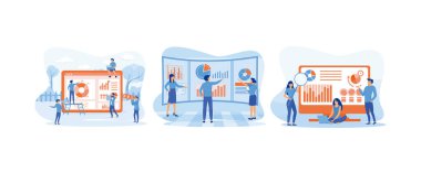 Ofis çalışanı, web sitesi ve mobil web sitesi geliştirme çalışmaları için bilgi işleme, satış yönetimi ve operasyonel raporlar üzerinde çalışıyor. Veri analizi düz vektör modern illüstrasyonunu ayarladı