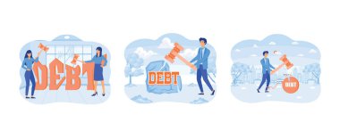 Borç tahribatı. Borcu kıran bir iş adamı. İşadamı ayağını çekiçle zincirleyen borç sözcüğüyle demir topu yok etmeye çalışıyor. Borç kırma düz vektör modern illüstrasyonunu ayarladı