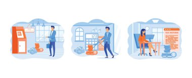 Vergi iadesi. Başarılı bir iş adamı yüksek vergileri makasla düşürür. Büyük bir vergi iadesi belgesi. Vergi geri dönüşü düz vektör modern illüstrasyon