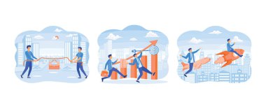 Girişimci rekabet konsepti, hedef grafikte işi olan rekabetçi vektör işadamı, iş yarışmasını kazanmak için liderlik. İş yarışması düz vektör modern illüstrasyonunu ayarladı