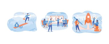 İş kurma konsepti, uçan bir işadamı ve bir çanta dolusu para, bir grup insan bir fikir düşünüyor, web sayfası için yeni bir iş konsepti başlatıyorlar. Girişim düz vektör modern illüstrasyonunu ayarladı