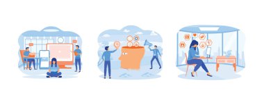 Aşırı yükün üstesinden geliyorum. Küçük işadamı dijital cihaz ekranı ve saati izliyor. Dijital bilgi yüklemesi. Düz vektör modern illüstrasyonunu ayarla