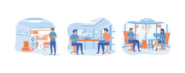 Finans danışmanı, Business Financial. İş adamı kadın finans danışmanıyla konuşuyor. Düz vektör modern illüstrasyonunu ayarla