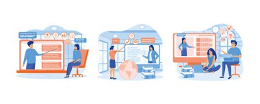 Çevrimiçi eğitim, evde eğitim. Kız öğrenci yeni bilgi ve fikirler ediniyor. Uzaktan öğrenen bir grup öğrenci. Düz vektör modern illüstrasyonunu ayarla