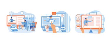 Çevrimiçi eğitim dersleri. İş adamı konferans medyası ile ekrana dokunuyor. Çevrimiçi Eğitim Sosyal Medyası. Düz vektör modern illüstrasyonunu ayarla