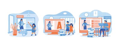 Çevrimiçi sanat dersi. Çevrimiçi erken eğitim kursları. Uzaktan öğrenen öğrenciler. Düz vektör modern illüstrasyonunu ayarla