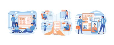 İnternet haberleri. Cep telefonu kullanıcısı internet üzerinden haberleri paylaşıyor. İnsanlar gazete okuyor. Düz vektör modern illüstrasyonunu ayarla