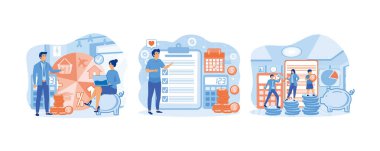 Bütçe planlaması. Mali analist listeyi panoya koymayı planlıyor. Aile bütçesi planlaması. Düz vektör modern illüstrasyonunu ayarla