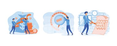 Ufak insan konseptiyle maliyet düşüşü. Maliyet azaltma yönetimi. İşadamı masrafları kıstı. Düz vektör modern illüstrasyonunu ayarla