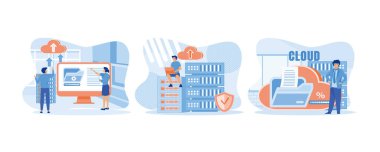 Bulut hesaplama. Rafta oturan adam dizüstü bilgisayardaki dosya yönetimini analiz ediyor. Bulut deposunun yanında duran adam. Düz vektör modern illüstrasyonunu ayarla