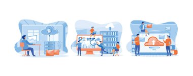 İş teknolojisi depolama ve bulut sunucu servisi. Müteahhit ekibi torpido gözünde çalışıyor. İnternette bilgi alışverişi. Düz vektör modern illüstrasyonunu ayarla