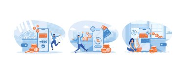 Nakit para ve bonus kart. Mutlu adam indirimli puanlar ve ödüller alıyor. İnternetten ödeme yapan ve ikramiye alan ya da kredi kartıyla ödül alan bir kadın. Düz vektör modern illüstrasyonunu ayarla