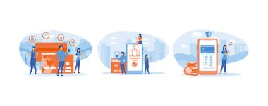 Mobil bankacılık. Para transferi için uygulama kullanan insanlar. Çevrimiçi cep telefonu ödemeleri ve banka hizmetleri. Düz vektör modern illüstrasyonunu ayarla