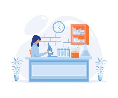 Tıbbi testler Mavi Kimya Laboratuvarı Analiz Laboratuvarı Kadınlar Laboratuar Asistanı, Mikroskop, Tıp Bürosu, Laboratuvar. düz vektör modern illüstrasyon
