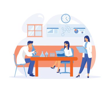 Profesyonel bilim adamları, doktorlar ve kimyasal araştırmacılar laboratuvar deneylerinde çalışıyor ve analiz ediyorlar. düz vektör modern illüstrasyon