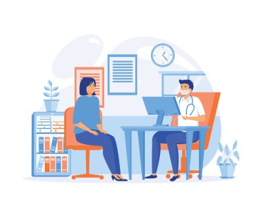 Maskeli doktor kadın hastaya danışıyor. Fizikçi monitörle masada oturuyor. Aile terapisti, sağlık hizmeti, klinik çalışma alanı konsepti. düz vektör modern illüstrasyon