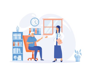 Yaşlılara Sağlık ve Refah Önceliği Veren Bir Geriatrist Doktorla Tıbbi Muayenedeki Adam. düz vektör modern illüstrasyon