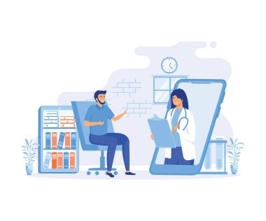 Çevrimiçi Doktor için mobil uygulama. Mobil Uygulama Kullanan Adam, Kontrol Sağlığı Göstergeleri, Online Danışman Doktor. düz vektör modern illüstrasyon