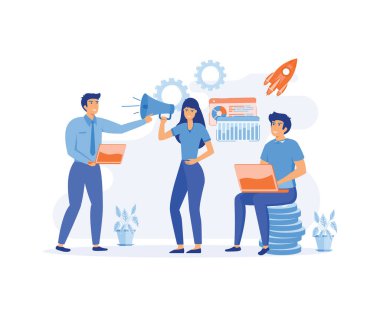 Pazarlama takımı. Profesyonel pazarlama servisi, reklam işi, dünya çapında ağ ikonları. düz vektör modern illüstrasyon