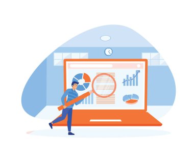 Pazarlama araştırması. Pazarlama araştırması tanımlı ve izometrik iş stratejisi bileşimi. düz vektör modern illüstrasyon