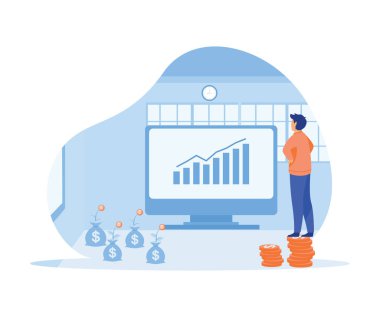 İşadamı, paranın bozuk paralarına girmesini beklerken rahatlıyor. düz vektör modern illüstrasyon