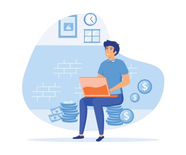 Bir adam internetten serbest çalışarak para kazanıyor. düz vektör modern illüstrasyon