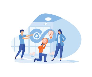 Dairesel ekonomi konsepti. Minik insanlar tüketim atıklarını ve verimli enerji yönetimini geri dönüştürüyor. düz vektör modern illüstrasyon