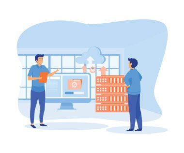 Bulut hesaplama veri merkezi. Büyük veri akışı işleme konsepti, bulut veritabanı. düz vektör modern illüstrasyon