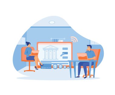 Dizüstü bilgisayarı ve finansal dönüşümü olan ufak tefek insanlar. Çevrimiçi bankacılık sistemi, dijital dönüşümü finanse etmek. düz vektör modern illüstrasyon