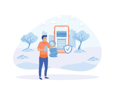 Adam başarılı ve güvenli bir şekilde cep telefonuyla ödeme yapıyor. Çevrimiçi mobil ödemeler ve bankacılık hizmetleri. Fatura konsepti, online alışveriş, para transferi. düz vektör modern illüstrasyon