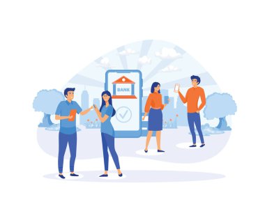 Para transferi, muhasebe ve çevrimiçi bankacılık için uygulamaları kullanan insanların mobil bankacılık konsepti. düz vektör modern illüstrasyon