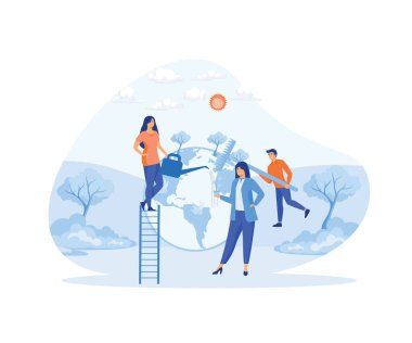 İnsanlar gezegen ekolojisi ile ilgileniyor. Temizlik, yeşil ekme ve sulama. düz vektör modern illüstrasyon