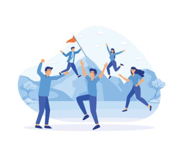 Liderlik ve takım çalışması, takım lideri yol gösteriyor, başarı için motivasyon sağlıyor, zafer bayrağı veriyor, rekabetçi bir ortam sağlıyor. düz vektör modern illüstrasyon